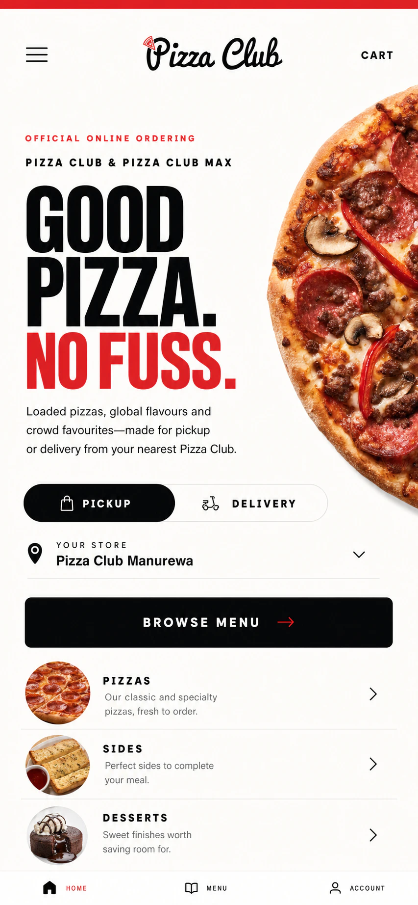 Selected Pizza Club mobile app home design with ordering controls and menu categories